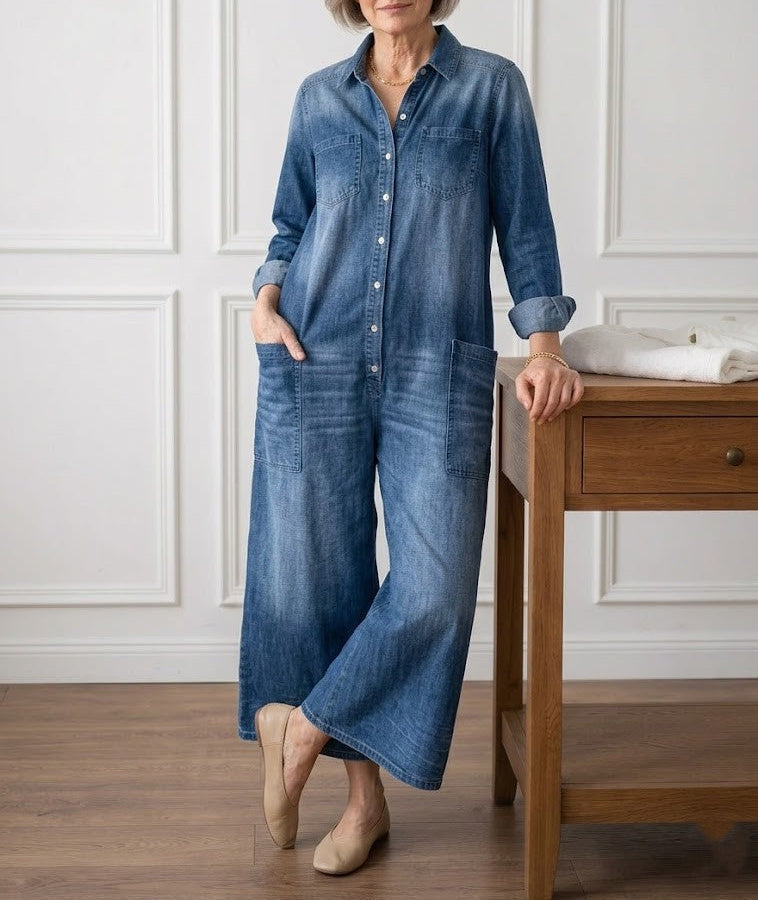 Woman wearing a soft cotton denim jumpsuit