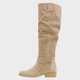 Adelaide slouchy suede knee-high boots in beige, side profile