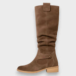 Adelaide slouchy suede knee-high boots in brown, side profile