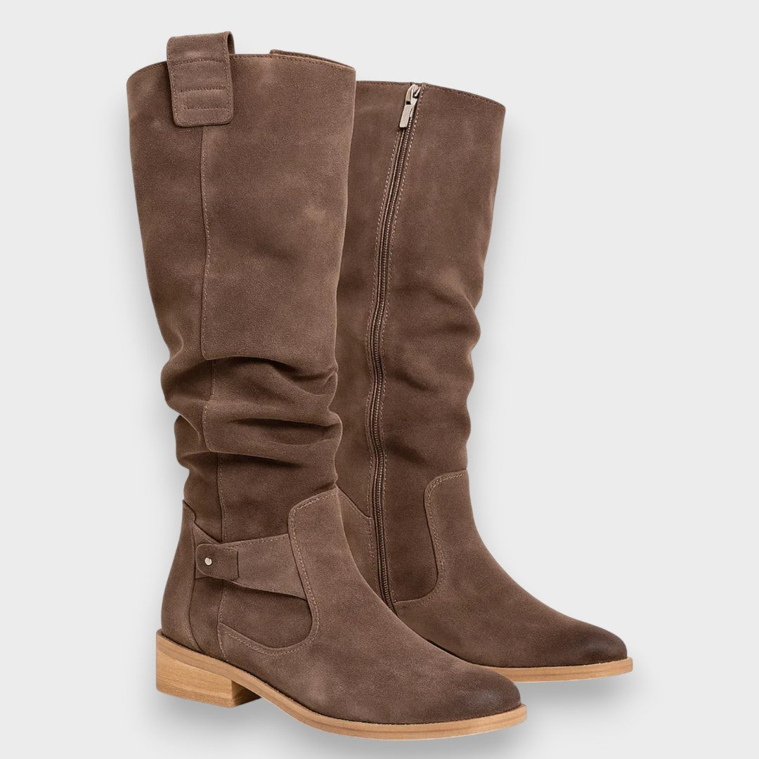 Adelaide brown suede knee-high boots, pair view with side zip