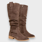 Adelaide brown suede knee-high boots, pair view with side zip