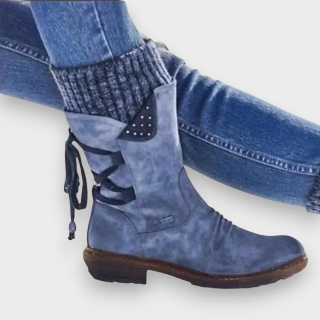 Mabel Suede-Look Knit-Cuff Boots in Blue, side view