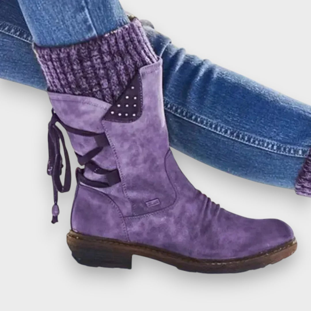 Mabel Suede-Look Knit-Cuff Boots in Purple, side view