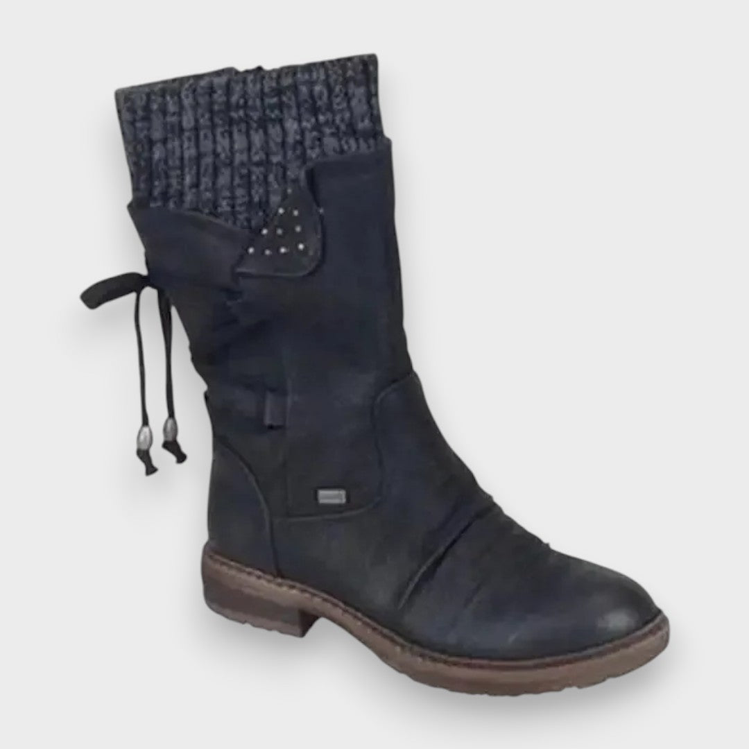 Mabel Suede-Look Knit-Cuff Boots in Black, side view