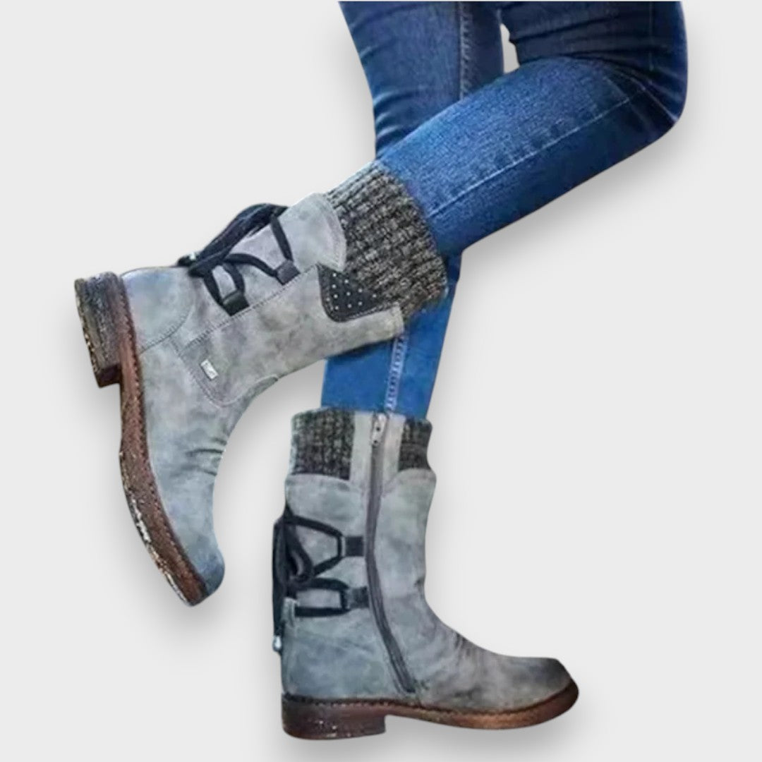 Mabel Suede-Look Knit-Cuff Boots in Grey, side view