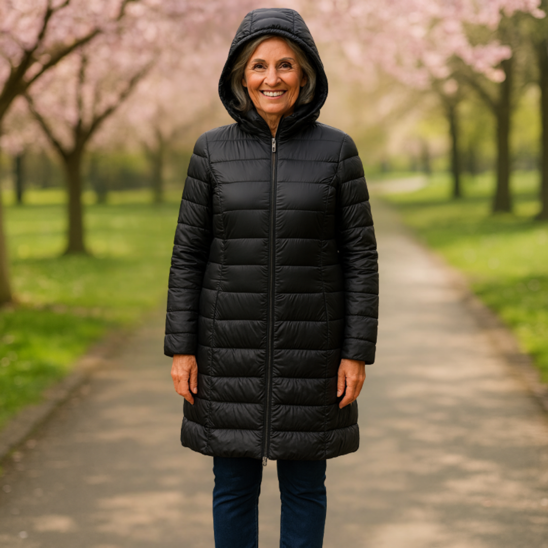 Woman wearing a black long padded jacket