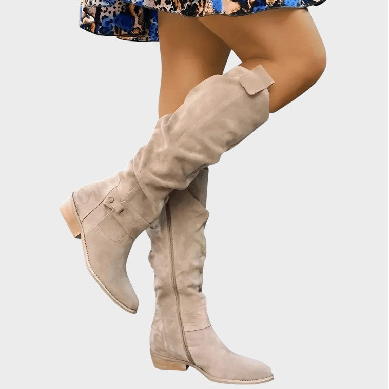 Dorothy wide-fit slouchy suede knee-high boots in Beige, side view