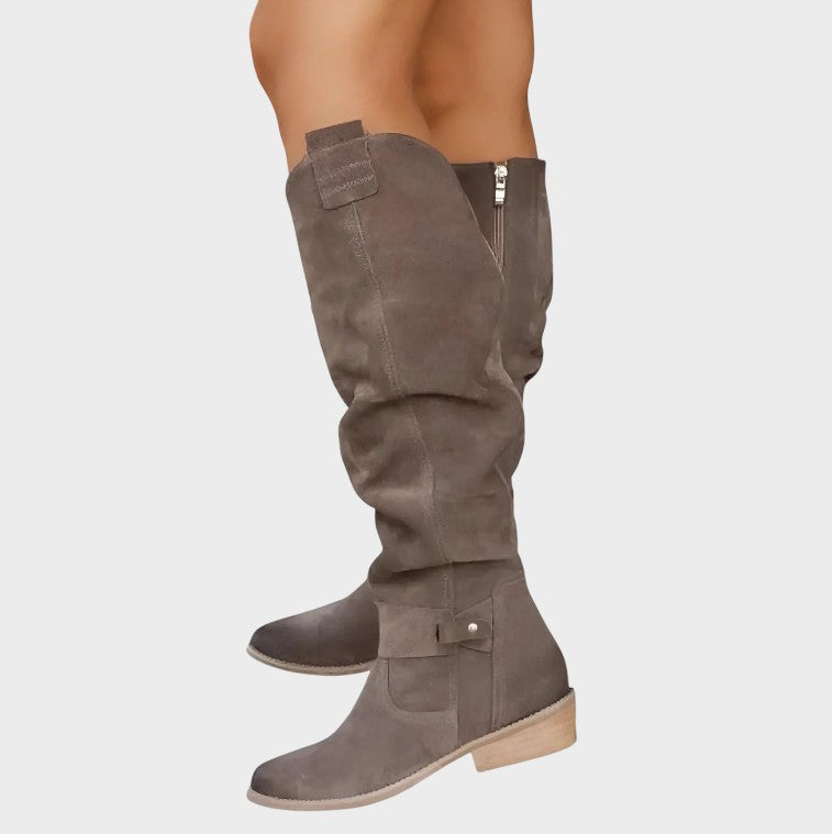 Dorothy wide-fit slouchy suede knee-high boots in Brown, side view showing zip and buckle tab